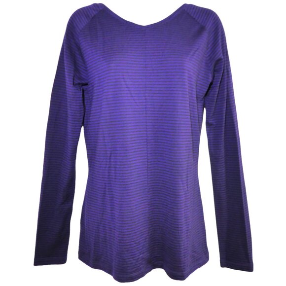 IceBreaker Dark Purple Striped Merino Wool Long Sleeve Knit Tee Top V Neck M - Picture 3 of 6